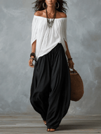 Conjunto Top Blanco Off-Shoulder y Pantalón Farol Holgado