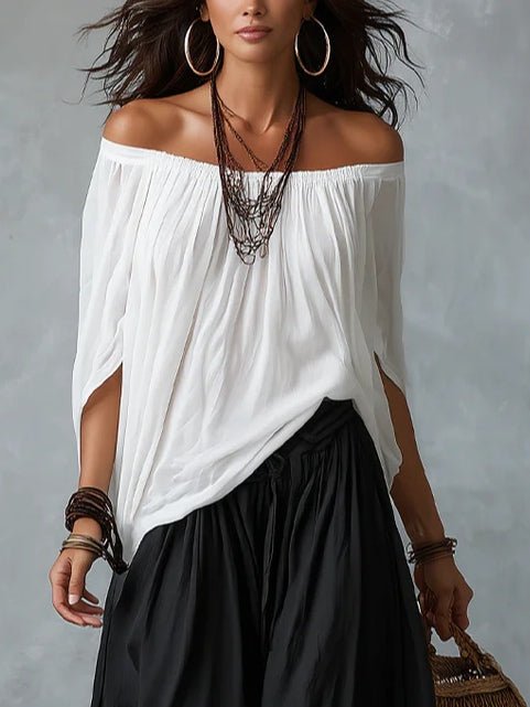 Conjunto Top Blanco Off-Shoulder y Pantalón Farol Holgado