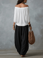 Conjunto Top Blanco Off-Shoulder y Pantalón Farol Holgado