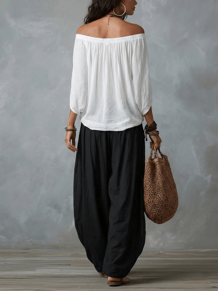Conjunto Top Blanco Off-Shoulder y Pantalón Farol Holgado