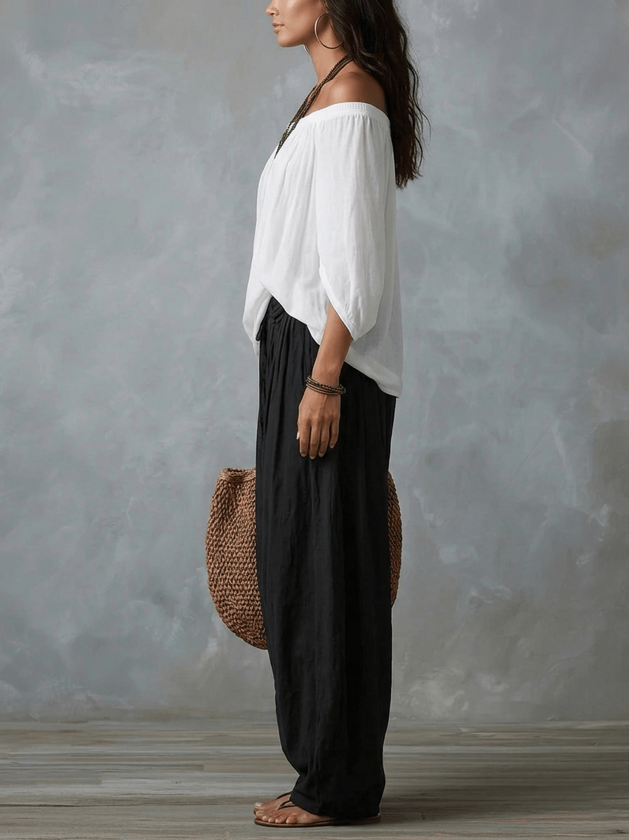 Conjunto Top Blanco Off-Shoulder y Pantalón Farol Holgado