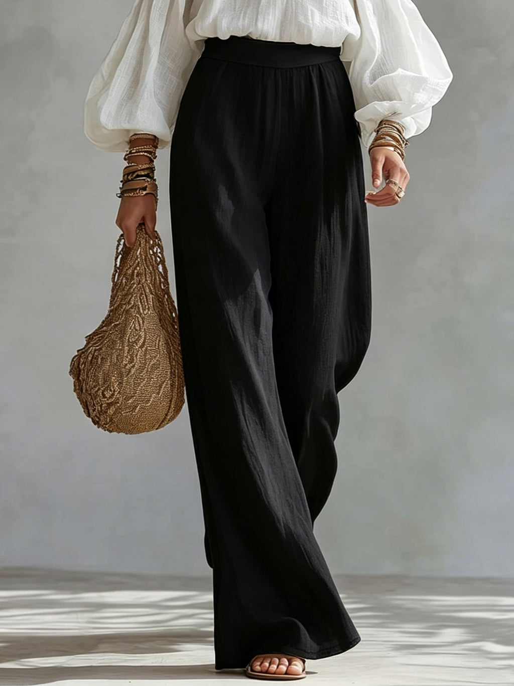 Conjunto Top Blanco Off-the-Shoulder y Pantalón Ancho Negro