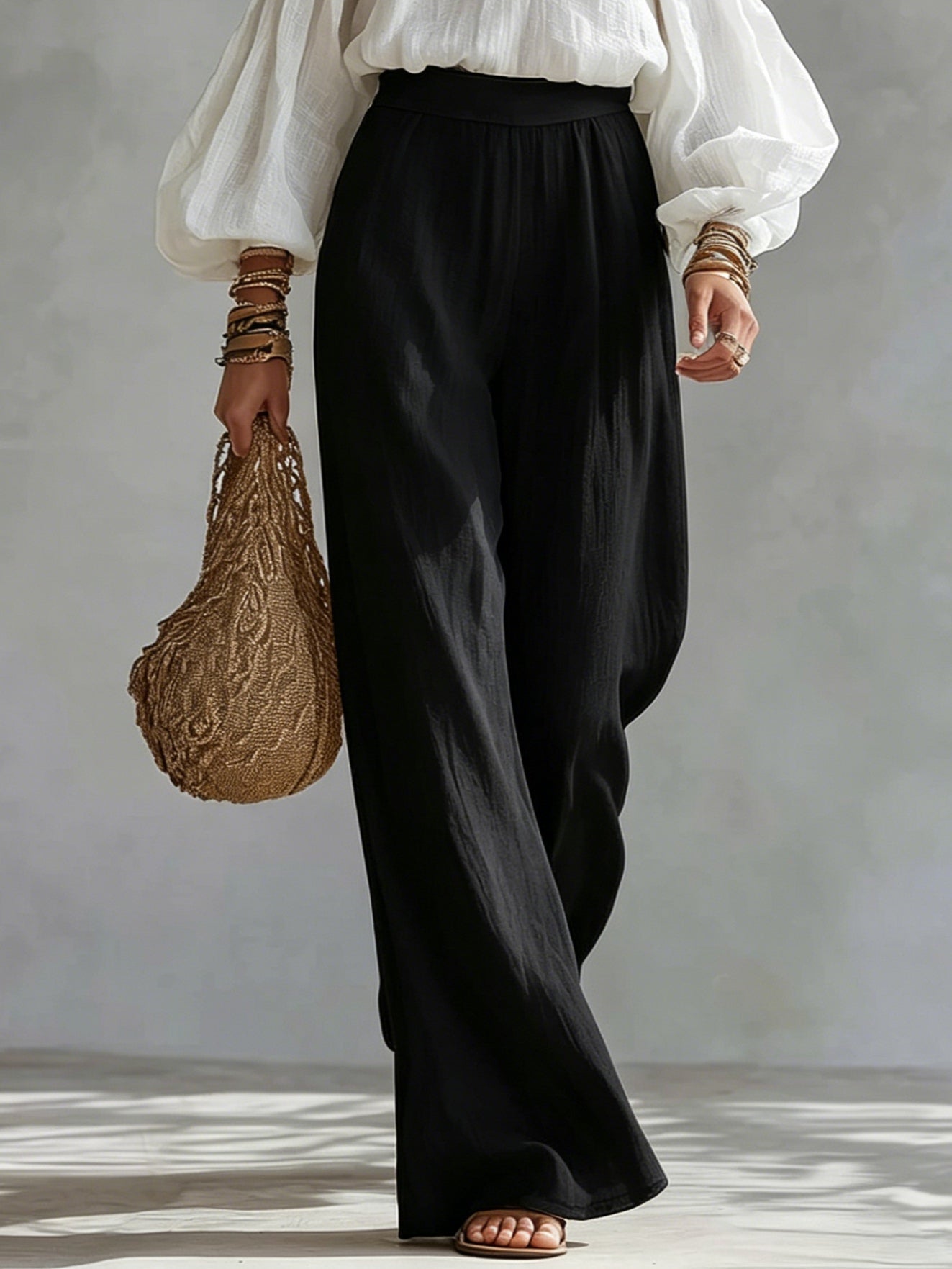 Conjunto Top Blanco Off-the-Shoulder y Pantalón Ancho Negro