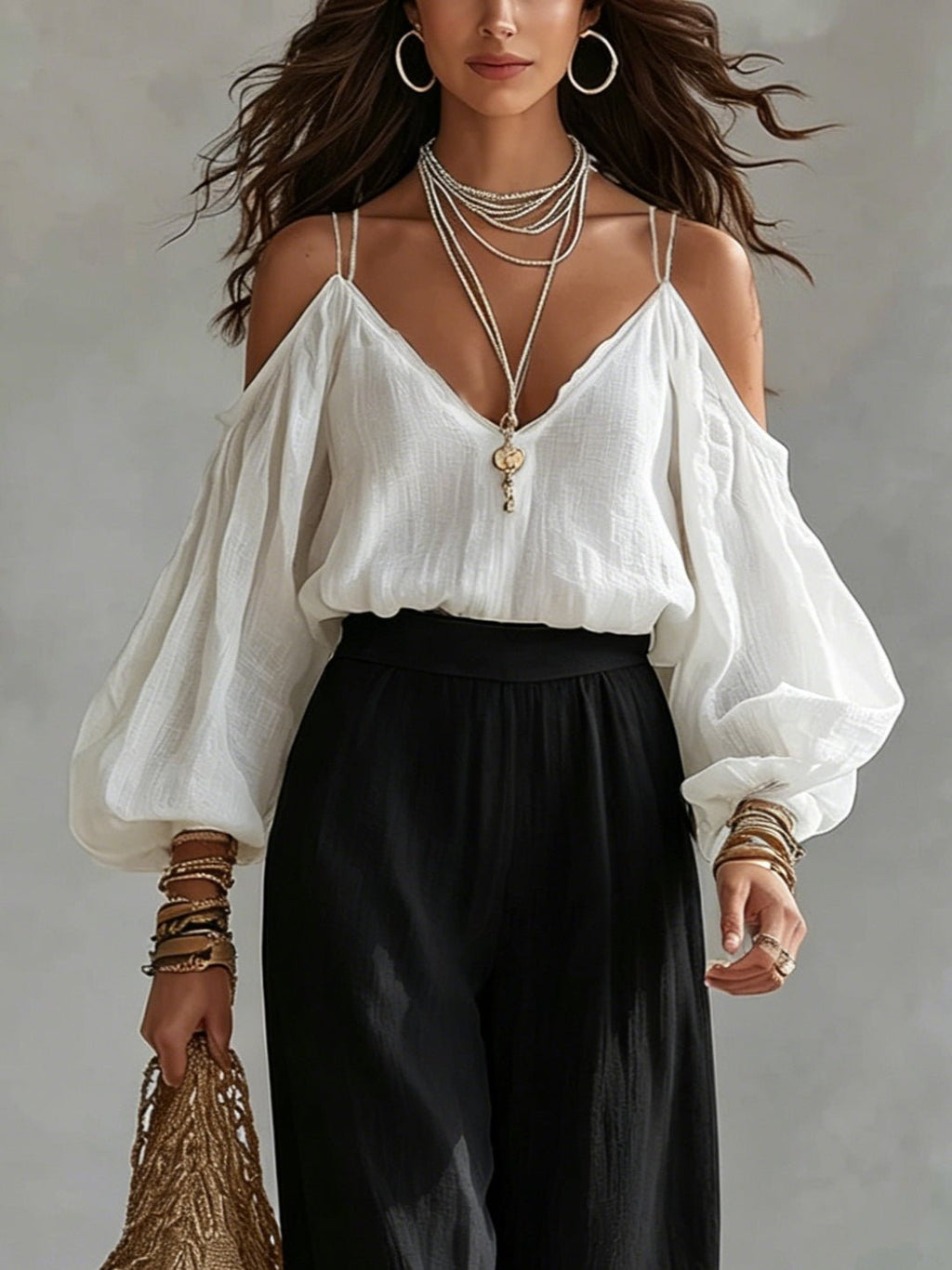 Conjunto Top Blanco Off-the-Shoulder y Pantalón Ancho Negro