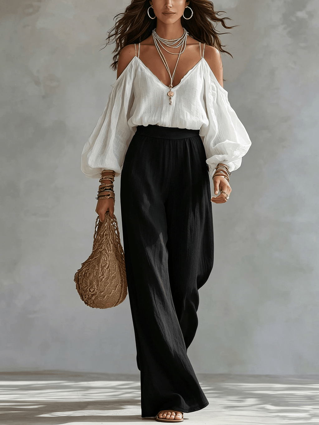 Conjunto Top Blanco Off-the-Shoulder y Pantalón Ancho Negro