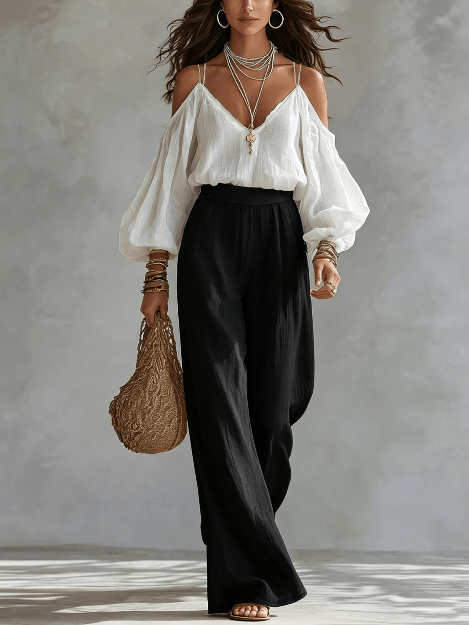Conjunto Top Blanco Off-the-Shoulder y Pantalón Ancho Negro
