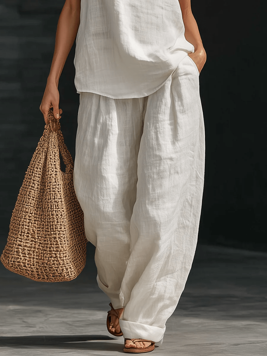 Conjunto Top Blanco Sin Mangas Cuello V y Pantalón Ancho