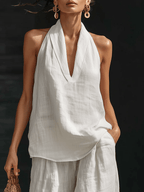 Conjunto Top Blanco Sin Mangas Cuello V y Pantalón Ancho
