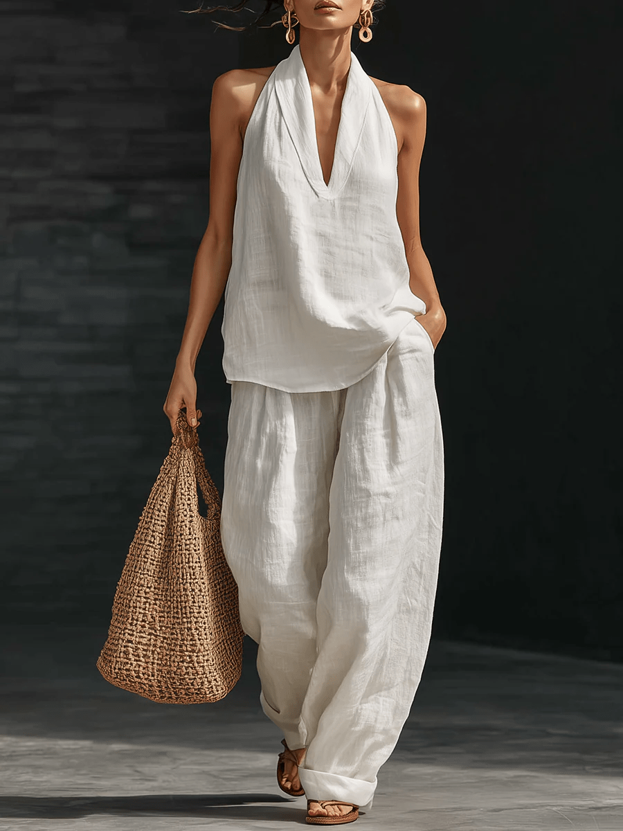 Conjunto Top Blanco Sin Mangas Cuello V y Pantalón Ancho