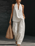 Conjunto Top Blanco Sin Mangas Cuello V y Pantalón Ancho