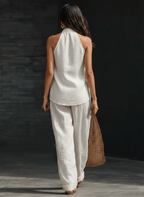 Conjunto Top Blanco Sin Mangas Cuello V y Pantalón Ancho