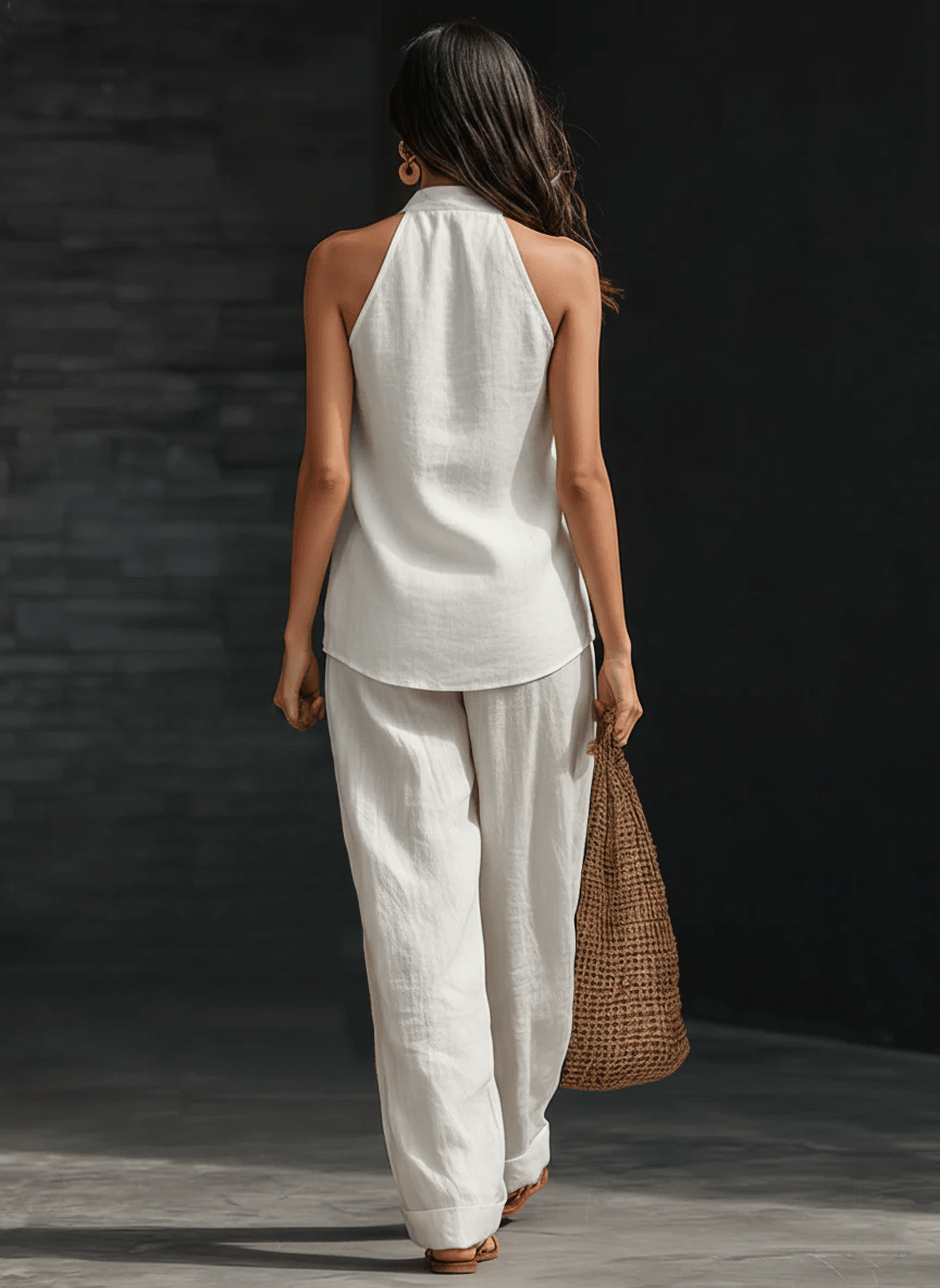 Conjunto Top Blanco Sin Mangas Cuello V y Pantalón Ancho
