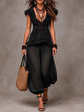 Conjunto Top de Encaje Boho Cuello V Negro y Pantalón Harem