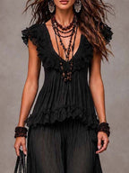 Conjunto Top de Encaje Boho Cuello V Negro y Pantalón Harem