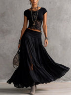 Conjunto Top Transparente de Encaje Negro y Falda Maxi Plisada