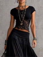 Conjunto Top Transparente de Encaje Negro y Falda Maxi Plisada