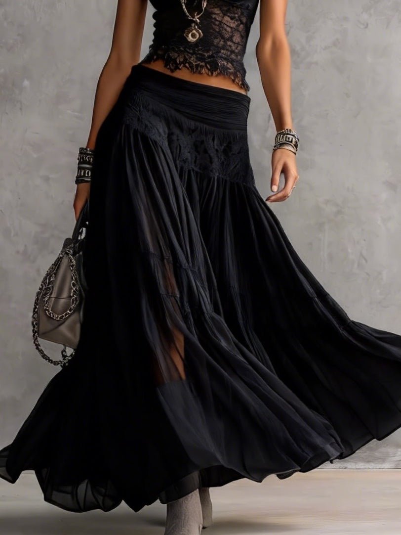 Conjunto Top Transparente de Encaje Negro y Falda Maxi Plisada