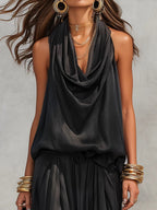 Conjunto Top Halter Sin Mangas Negro y Pantalón Plisado