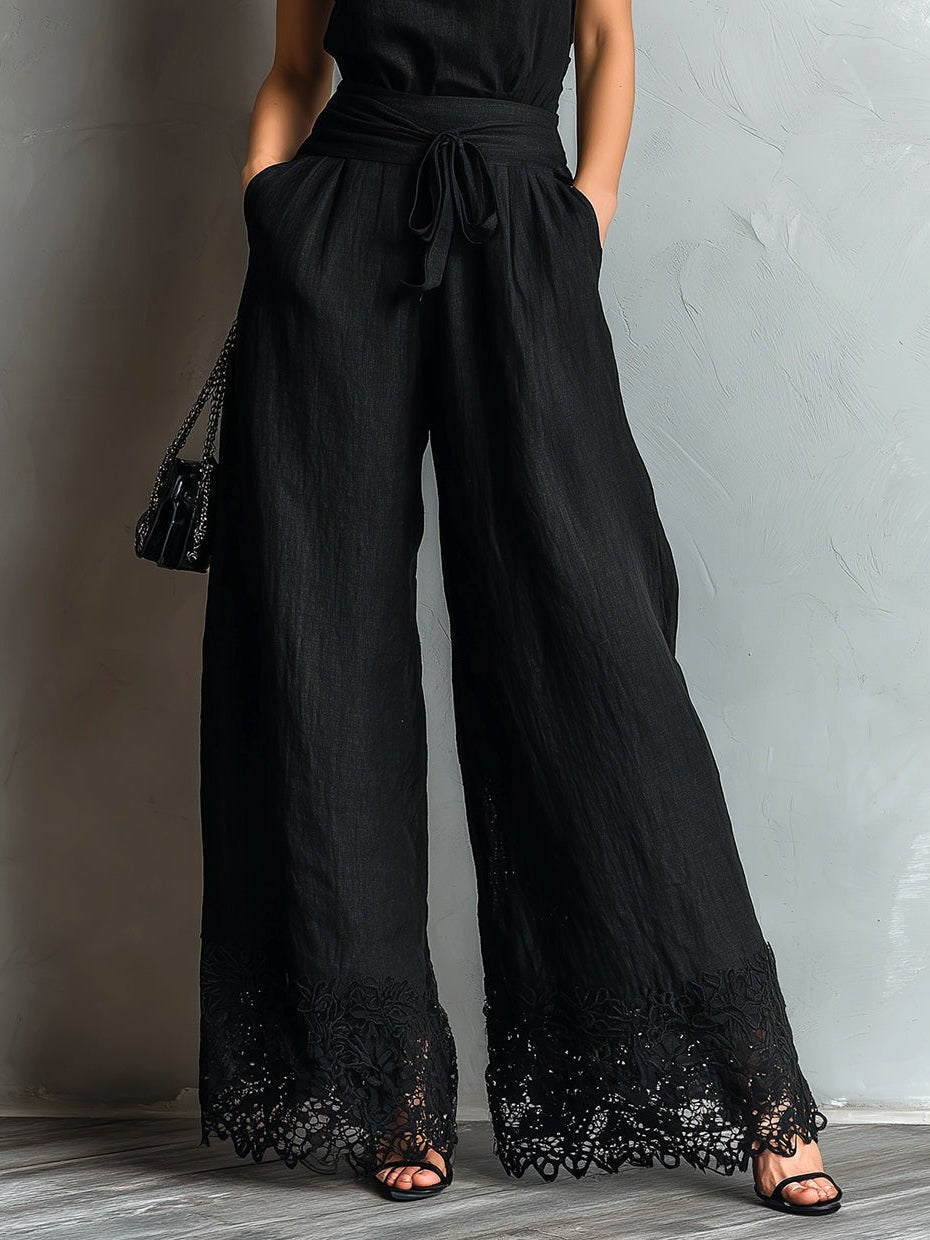 Conjunto Top Halter Negro Símil Algodón-Lino con Lazo y Pantalón Ancho Rematado en Encaje