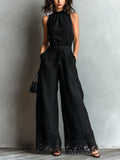 Conjunto Top Halter Negro Símil Algodón-Lino con Lazo y Pantalón Ancho Rematado en Encaje