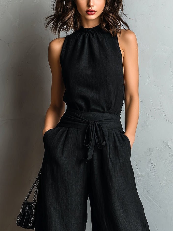 Conjunto Top Halter Negro Símil Algodón-Lino con Lazo y Pantalón Ancho Rematado en Encaje