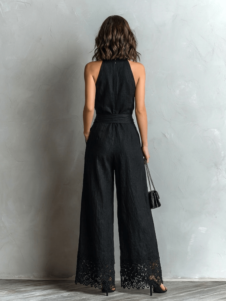 Conjunto Top Halter Negro Símil Algodón-Lino con Lazo y Pantalón Ancho Rematado en Encaje